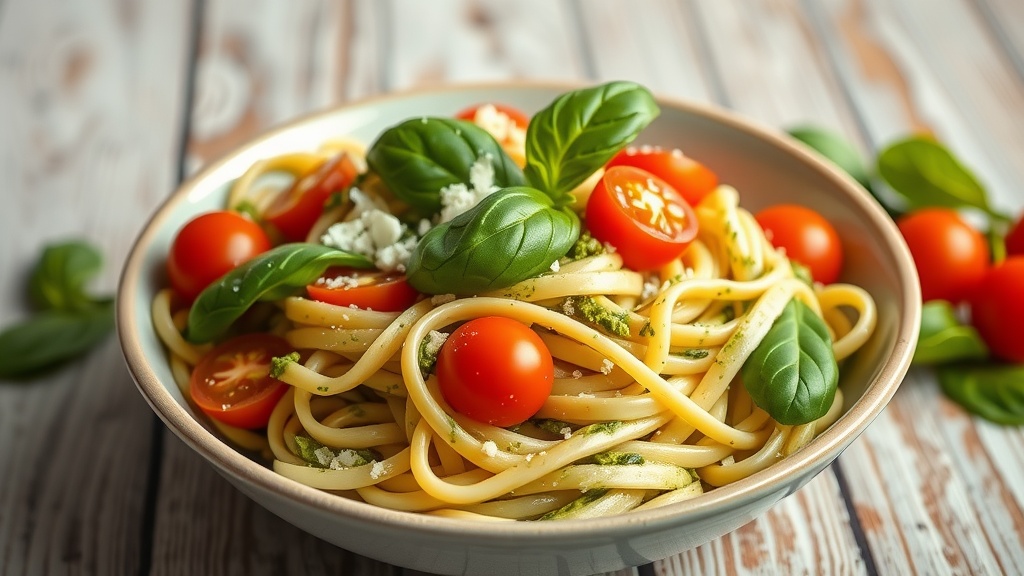 Creamy Pesto Pasta with Cherry Tomatoes Creamy pesto pasta with cherry tomatoes and basil on a rustic wooden table.